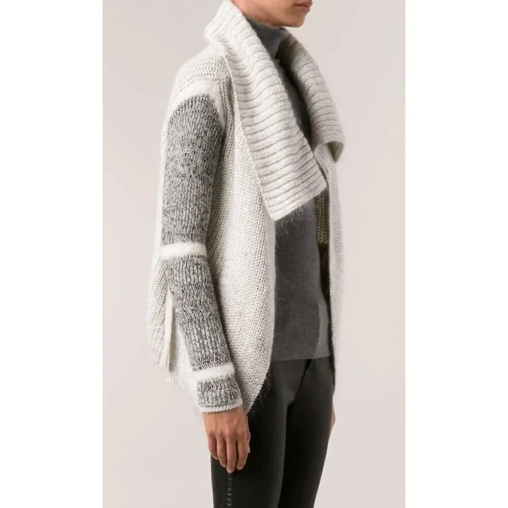 Yigal Azrouël Platinum Grey Striped Shawl Collar Open Cardigan Wool XS